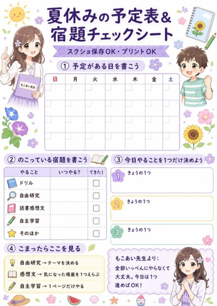 夏休みの予定表と宿題チェック欄を1枚にまとめたスクショ保存用プリントシート