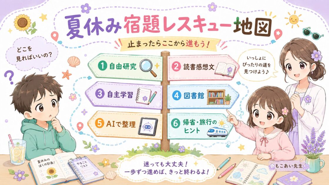 自由研究・読書感想文・自主学習で止まったときに読む記事を案内する夏休み宿題レスキュー地図