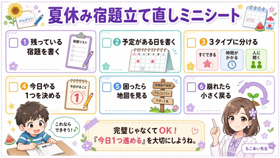 夏休みの宿題を残り・予定・今日やる1つに分けて立て直すスクショ保存用ミニシート