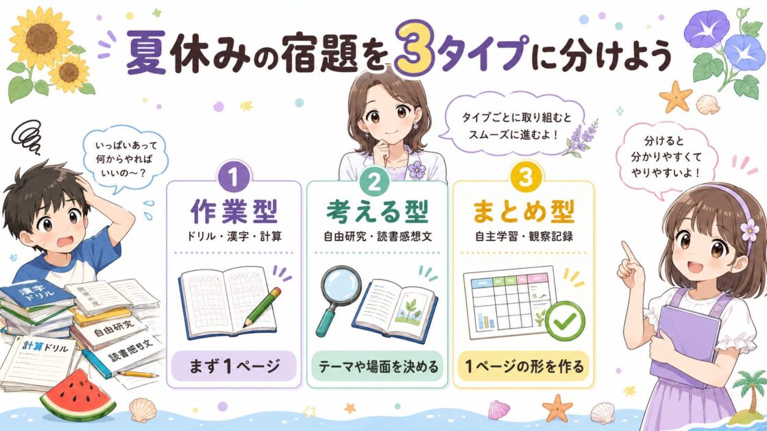 夏休みの宿題を作業型・考える型・まとめ型に分けて最初の一歩を示す図