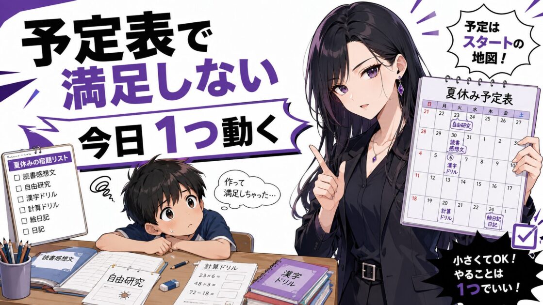 悪もこあい先生が夏休みの宿題で予定表を作って満足しないよう注意する場面