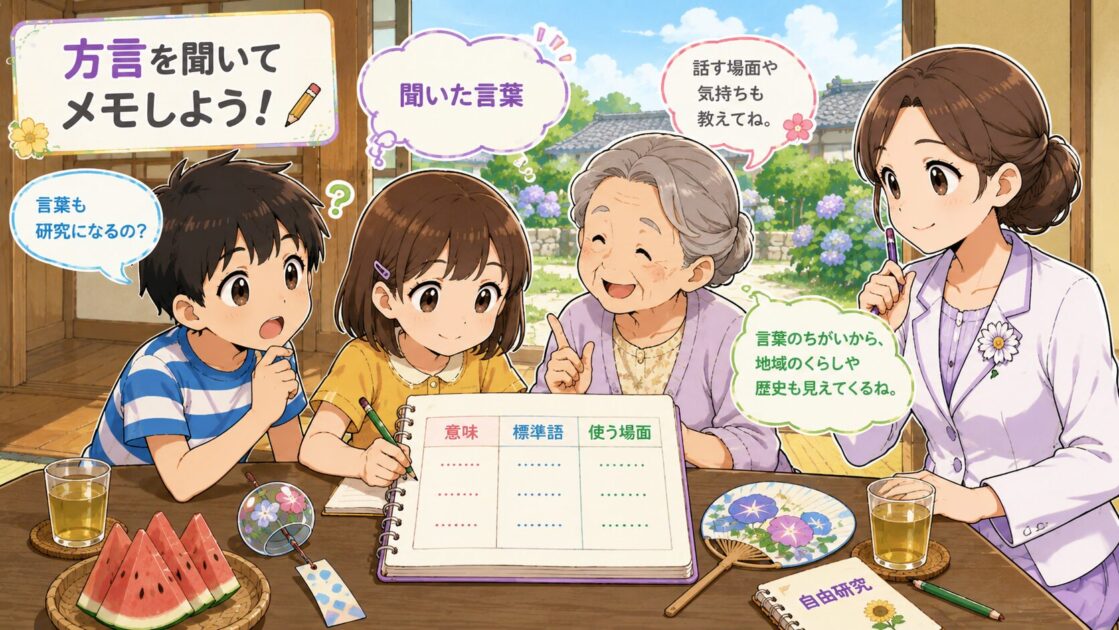 帰省先で聞いた方言を意味・標準語・使う場面に分けてメモする場面