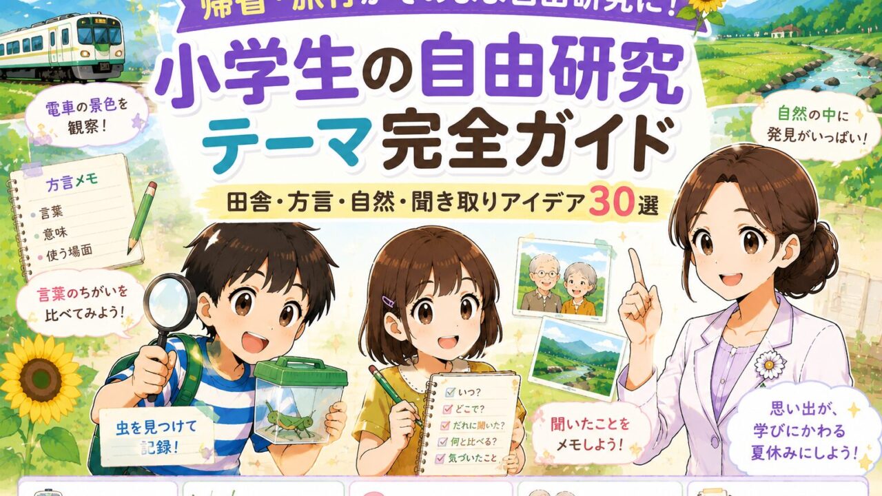 帰省や旅行で見つけた景色・虫・方言・昔話を自由研究テーマに変える小学生向け記事のアイキャッチ画像