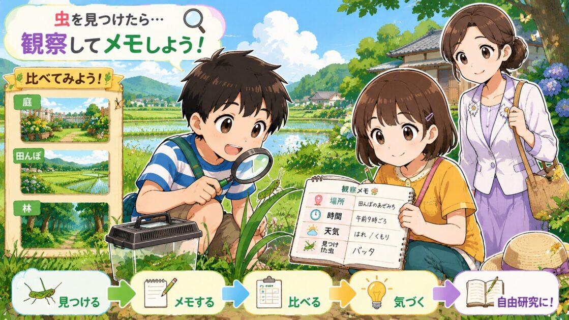田舎や帰省先で虫を見つけて場所や時間を記録し自由研究にする場面