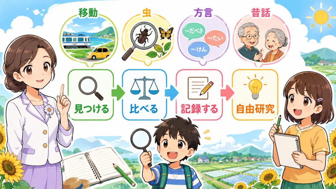 帰省や旅行で見た景色・虫・方言・昔話を自由研究のテーマに変える流れを示す図