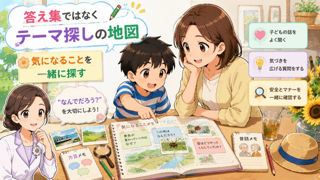 保護者が子どもに自由研究の答えを教えるのではなく気になることを一緒に探す場面