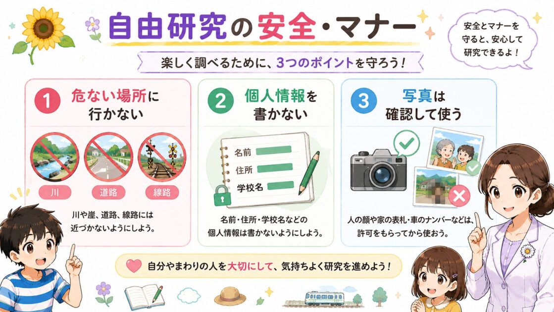 帰省や旅行の自由研究で危ない場所・個人情報・写真撮影に気をつけるポイントを示す図