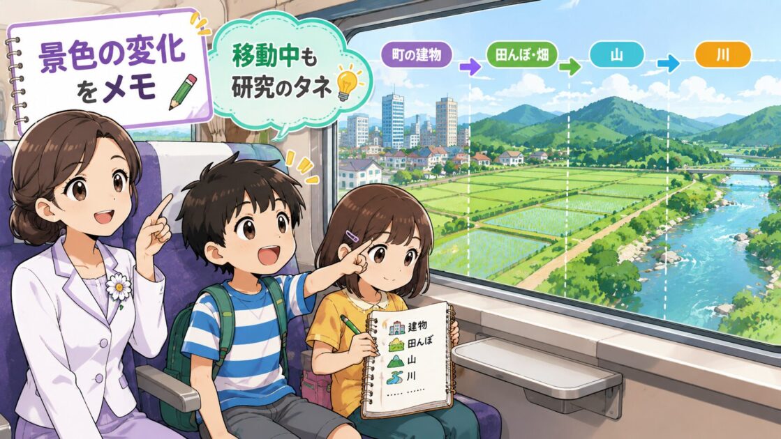 電車や車から見える景色の変化をメモして自由研究のテーマにする場面