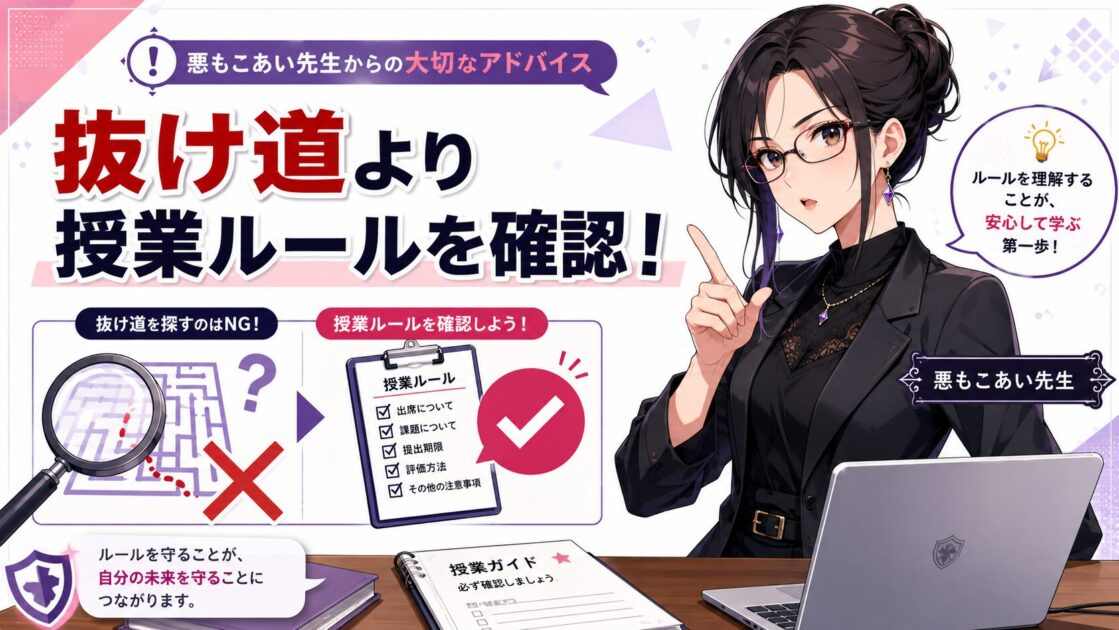 大学レポートでAIの抜け道ではなく授業ルールを確認する大切さを悪もこあい先生が警告する図