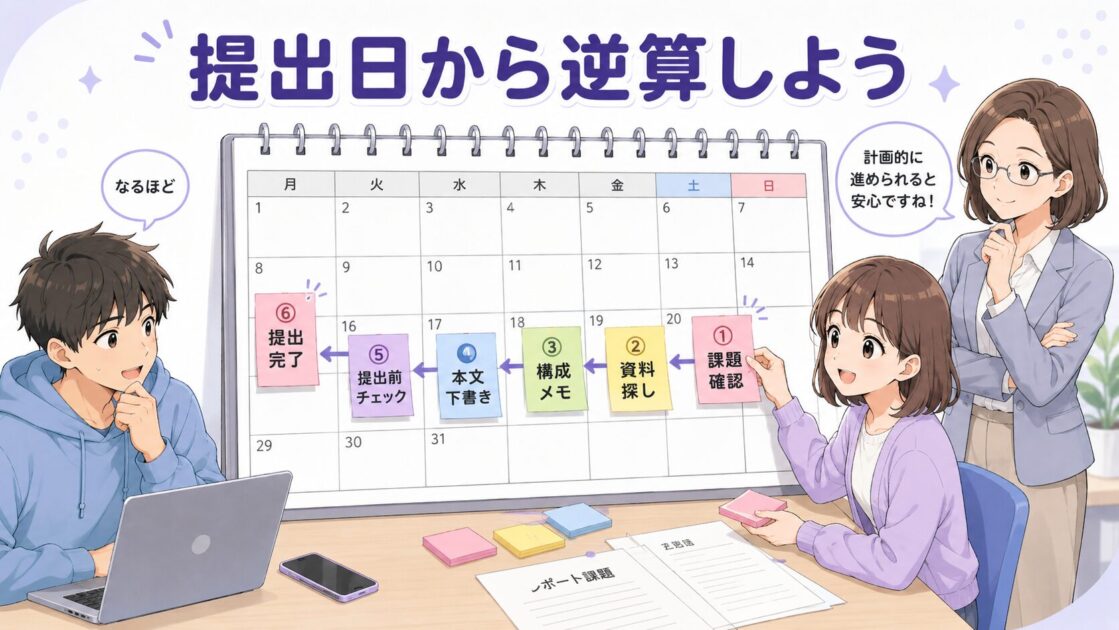 大学レポートの提出日から逆算してAI利用確認・資料探し・下書き・提出前チェックを予定に入れる流れを示す図
