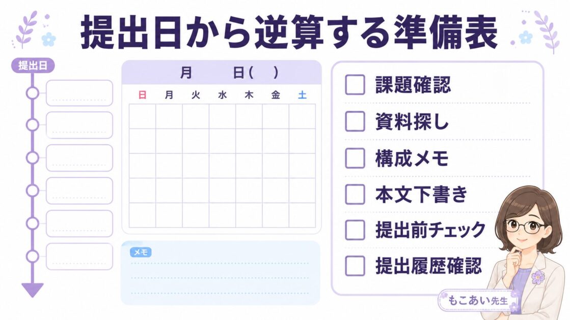 大学レポートの提出日から逆算してAI利用確認・資料探し・本文作成・提出確認を整理するスクショ保存用ミニシート