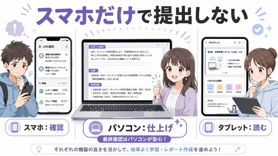 大学レポート提出前にスマホ・パソコン・タブレットで確認する作業の違いを示す図