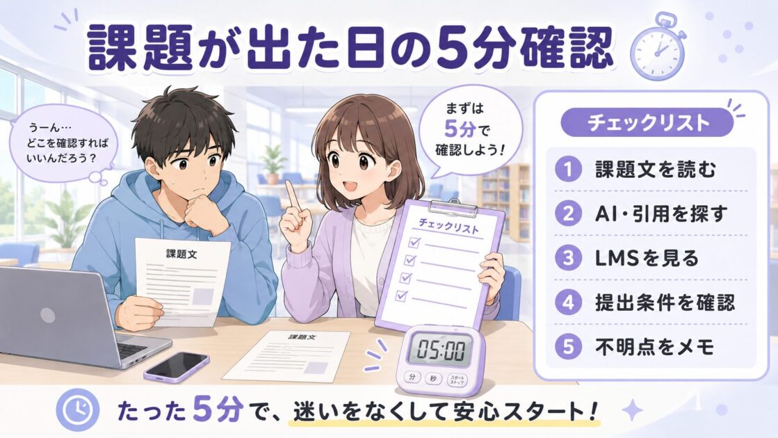 大学レポートの課題が出た日にAI利用可否・LMS・提出形式を5分で確認する手順を示す図