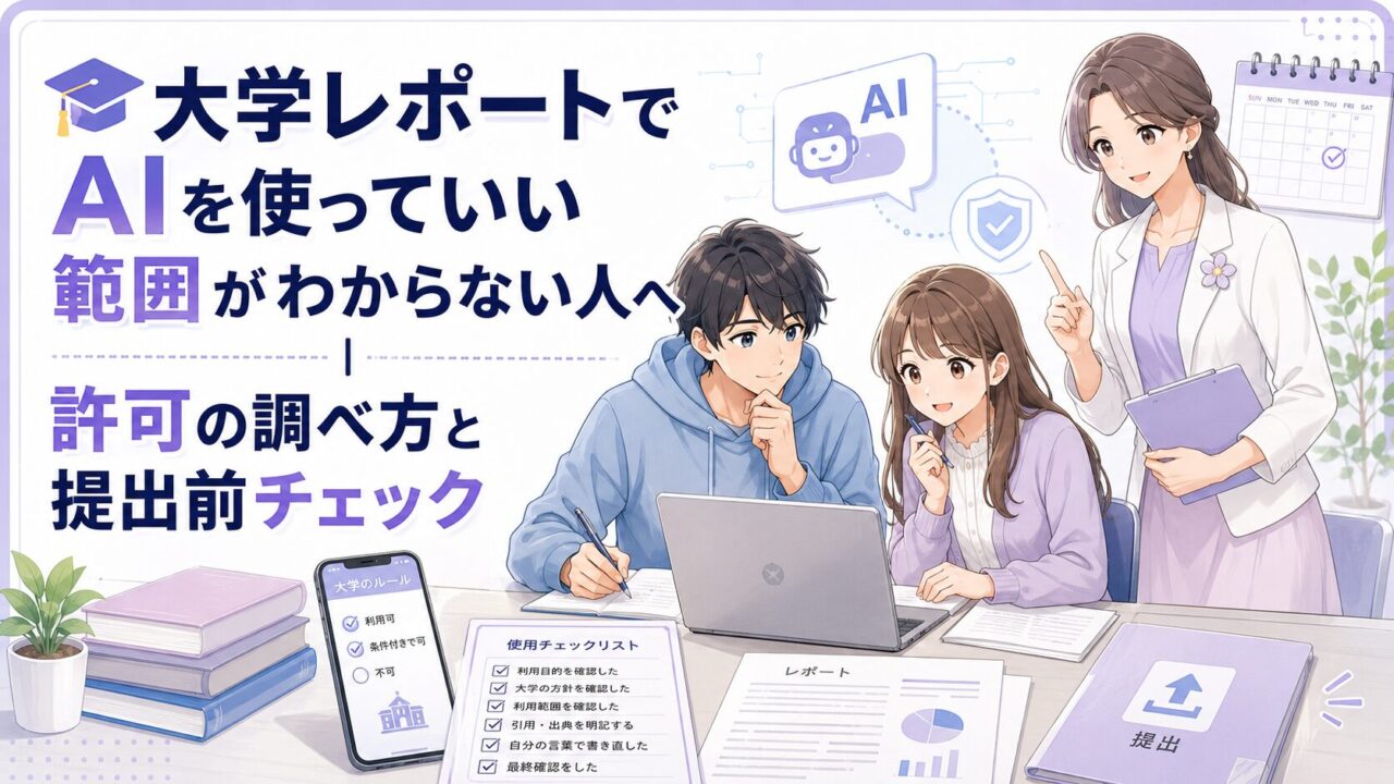 大学レポートでAIを使ってよい範囲を確認し、許可の調べ方と提出前チェックを学ぶ学生ともこあい先生の図