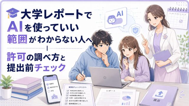 大学レポートでAIを使ってよい範囲を確認し、許可の調べ方と提出前チェックを学ぶ学生ともこあい先生の図