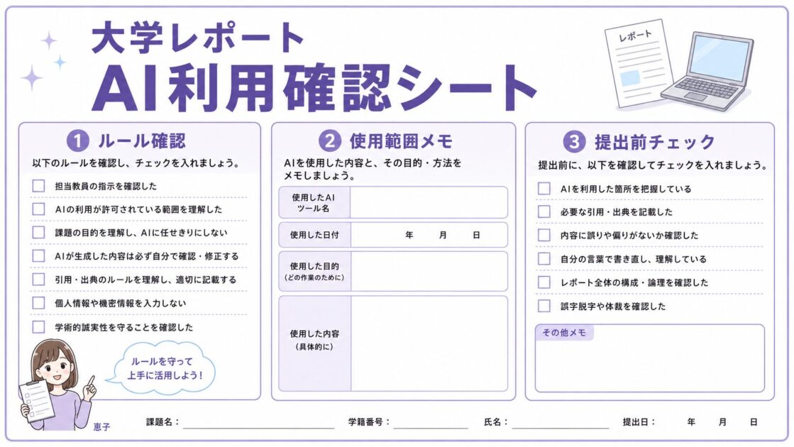 大学レポートでAIを使う前のルール確認・使用範囲メモ・提出前チェックをまとめたA4印刷用シート