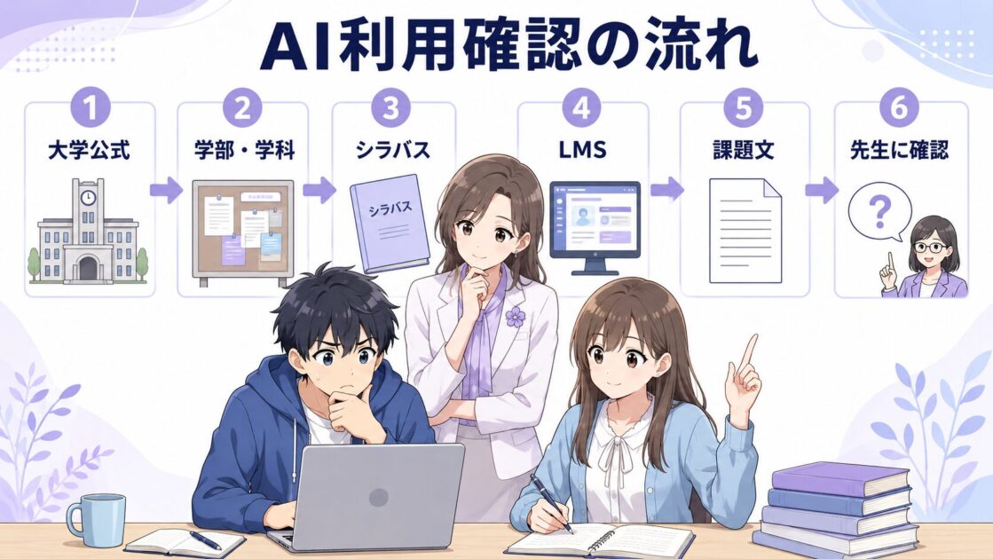 大学レポートでAIを使う前に大学公式サイト・シラバス・LMS・課題文を順番に確認する流れを示す図