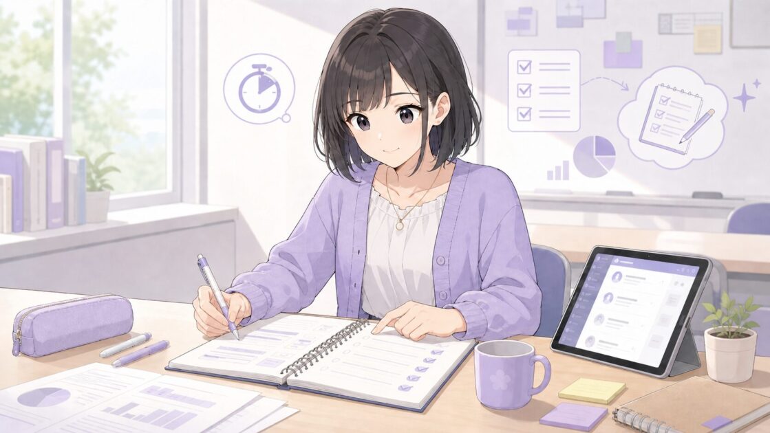 大学の授業後にノートを3分だけ見直して整理している学生の様子を示す挿絵