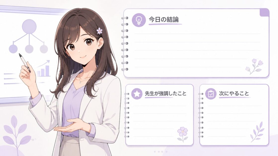 大学の授業ノートで残すべき3つの要素をもこあい式3点メモとして示す図解