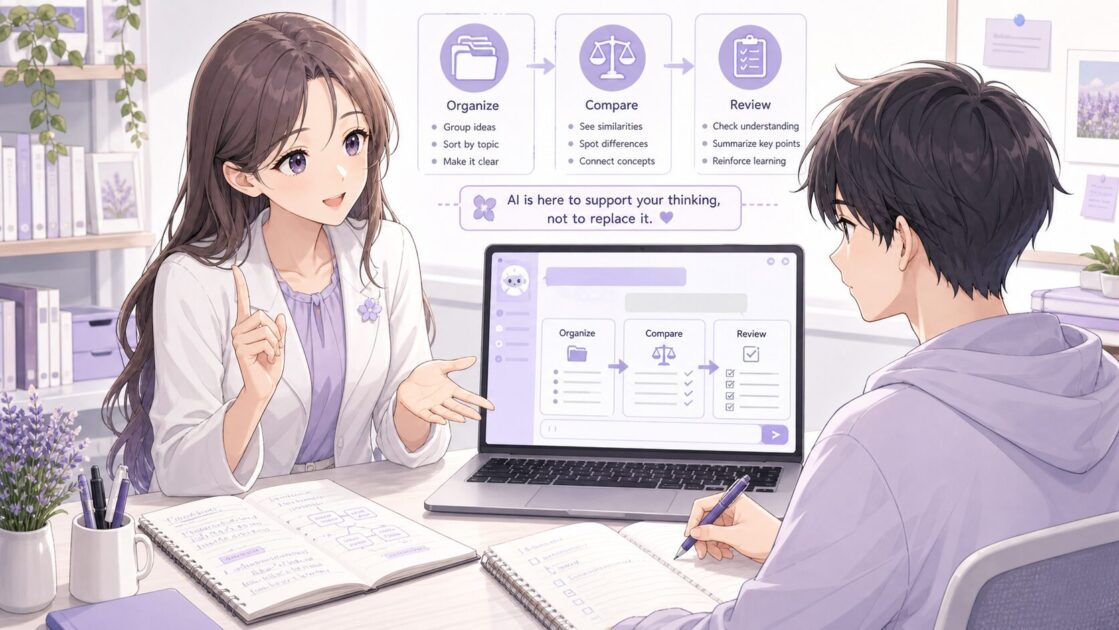 大学の授業ノート整理でAIを補助として使う場面を示す挿絵
