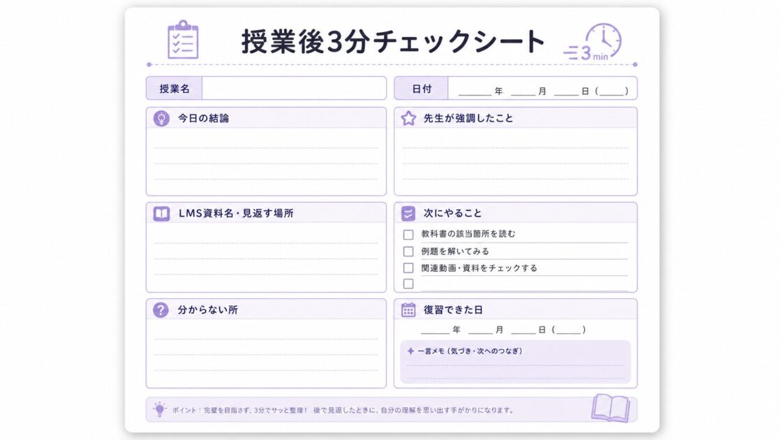 大学の授業後に使える3分チェックシートの記入例を示す図