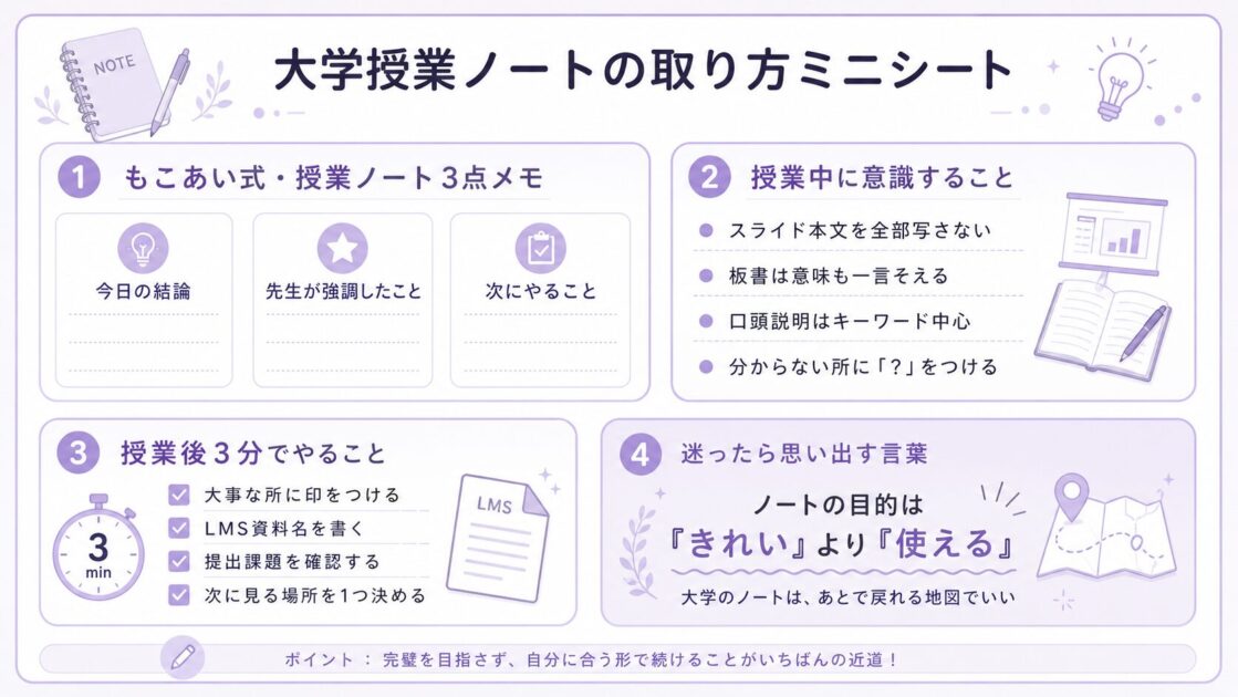 大学の授業ノートの取り方の要点を1枚で見返せるスクショ保存用ミニシート