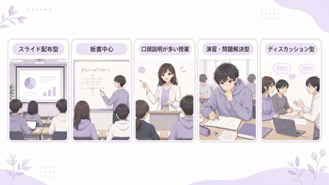 大学の授業タイプごとにノートの取り方の違いを整理した比較図