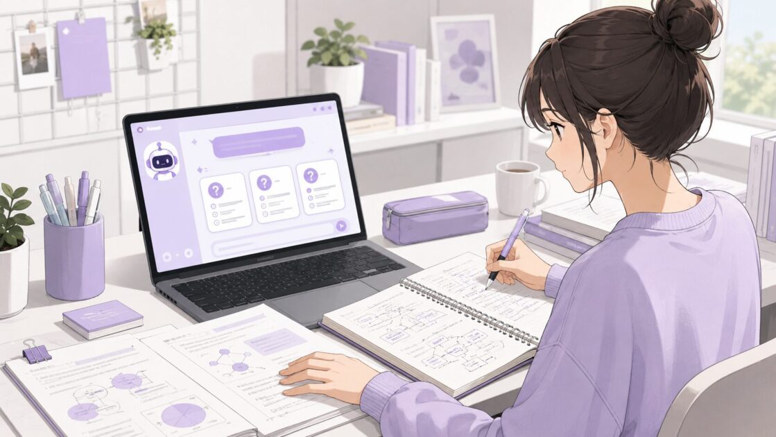 大学生がAIで試験前の確認問題を作り、授業資料と照らし合わせて確認している場面