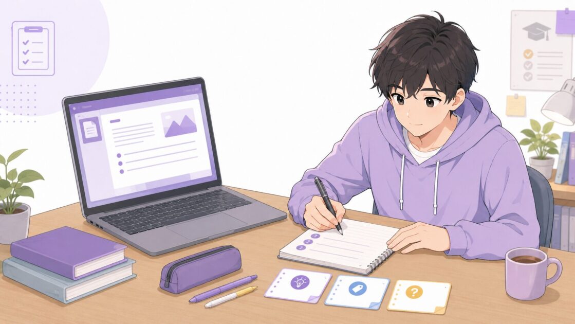 大学生がLMS資料を1つ開き、試験前に重要そうな3点をメモしている場面