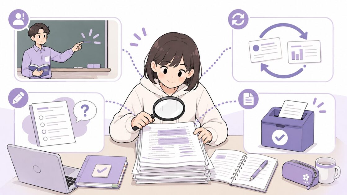 大学の試験前に先生の強調・繰り返し・小テスト・課題から重要そうな場所を探す方法を示す図