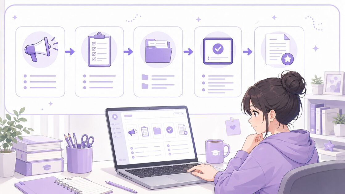 大学生がLMSで試験範囲・お知らせ・小テスト・配布資料を順番に確認している流れを示す図