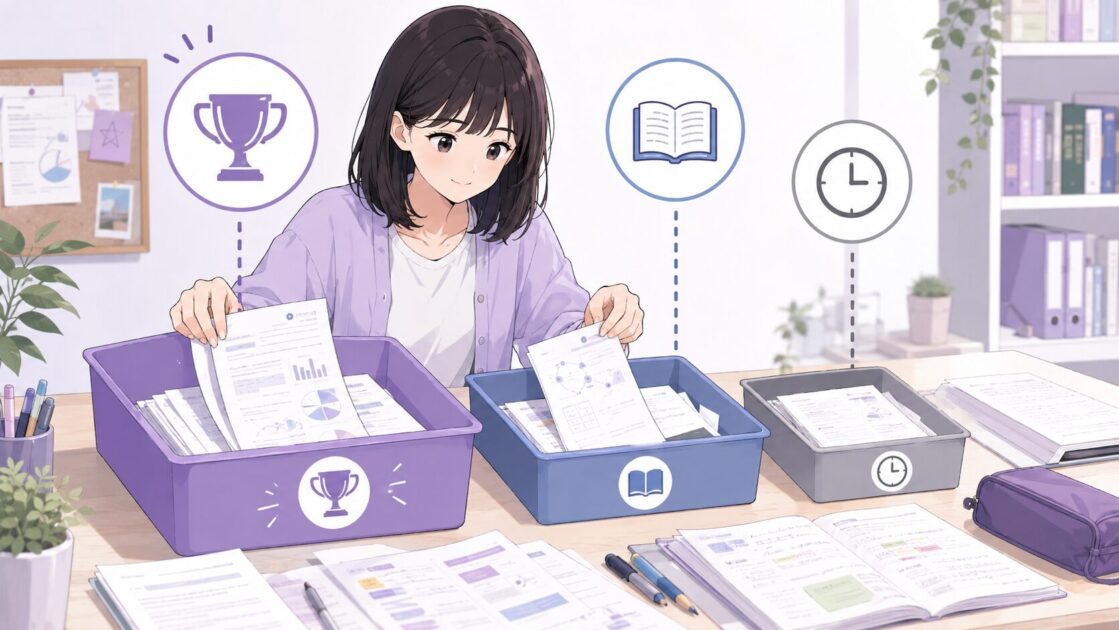 大学の試験前に資料を最優先・確認用・余裕があればの3つに分ける方法を示す図