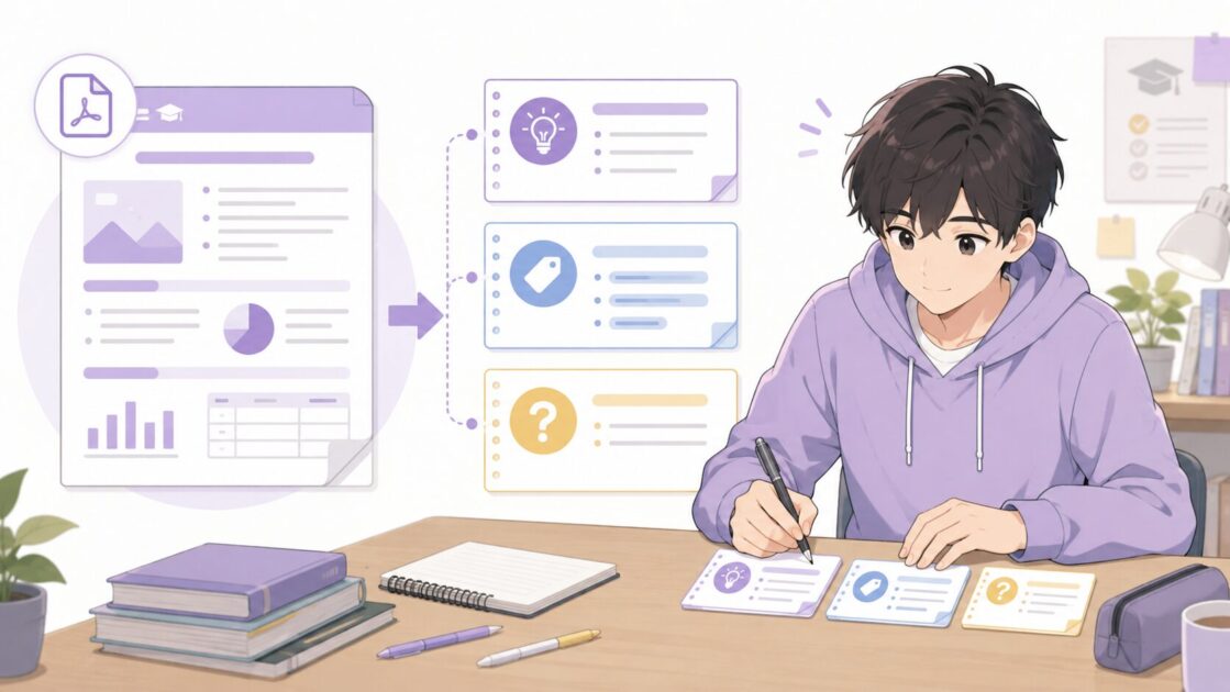 LMS資料やレジュメからテーマ・強調語句・確認したい問いの3点を抜き出す方法を示す図