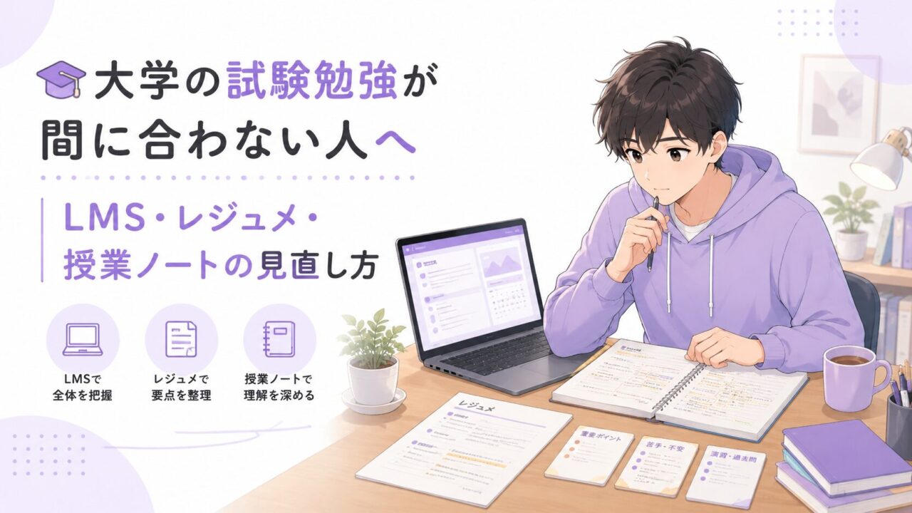 alt="大学の試験勉強が間に合わない人向けに、LMS・レジュメ・授業ノートの見直し方を示すアイキャッチ"