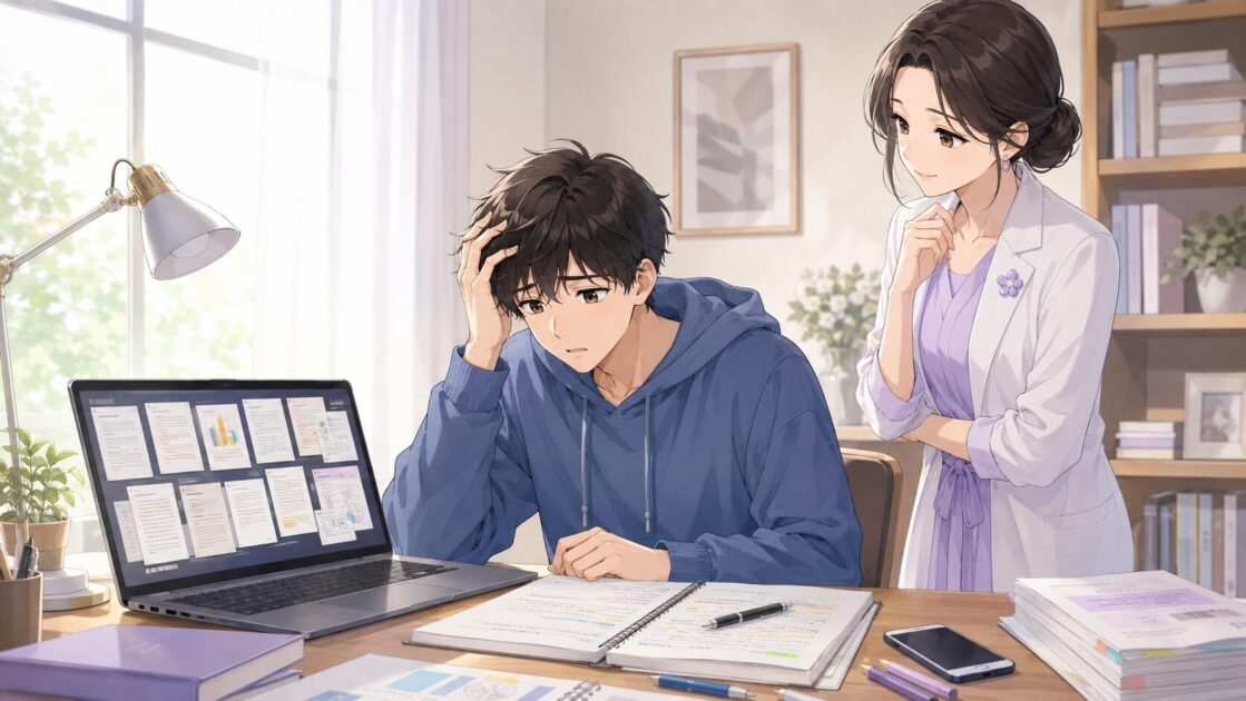 大学生がLMS資料・レジュメ・授業ノートの多さに迷い、試験勉強で何から始めるか悩んでいる場面