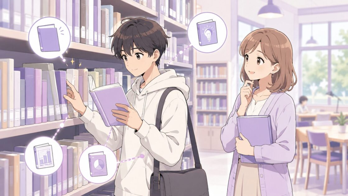 大学図書館の本棚で目的の本だけでなく周辺の関連本も確認している大学生の様子