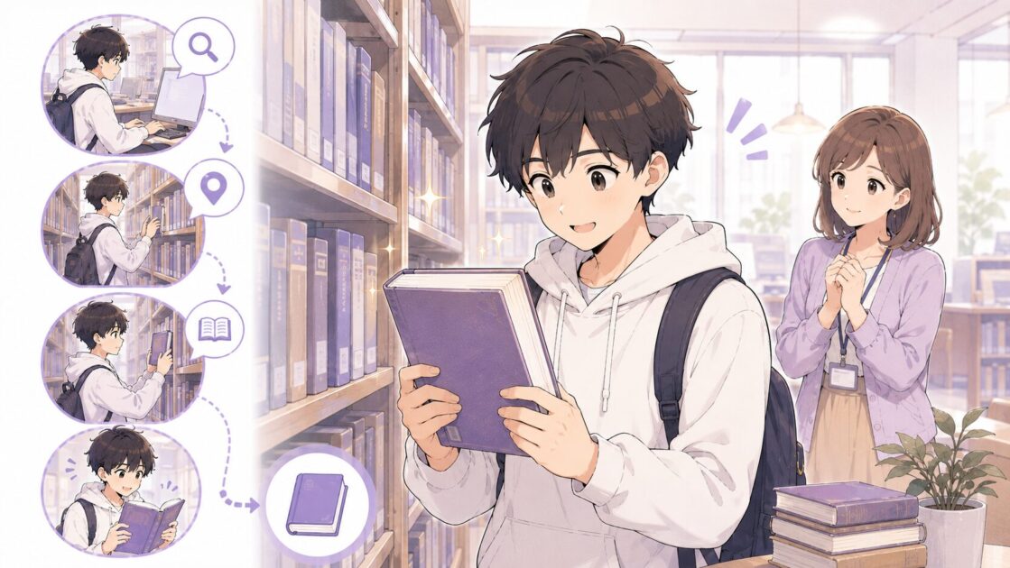 大学図書館で静かな席・グループ学習室・返却台などの基本ルールを確認している大学生の様子