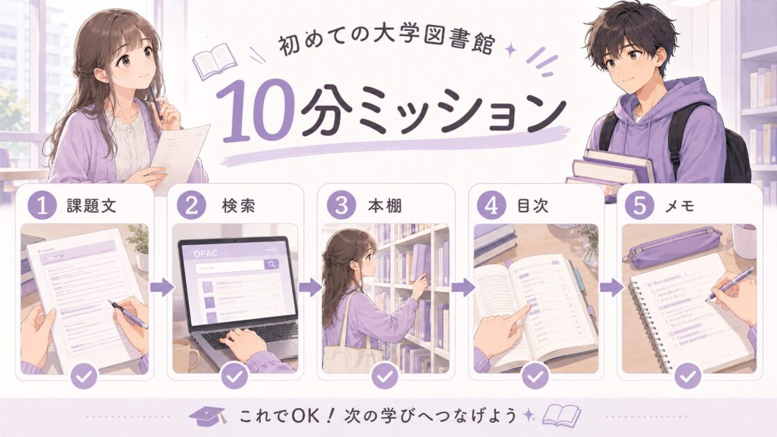 大学図書館で初めて資料を探す大学生向けに、キーワード検索から本の目次確認までを整理したミッション表