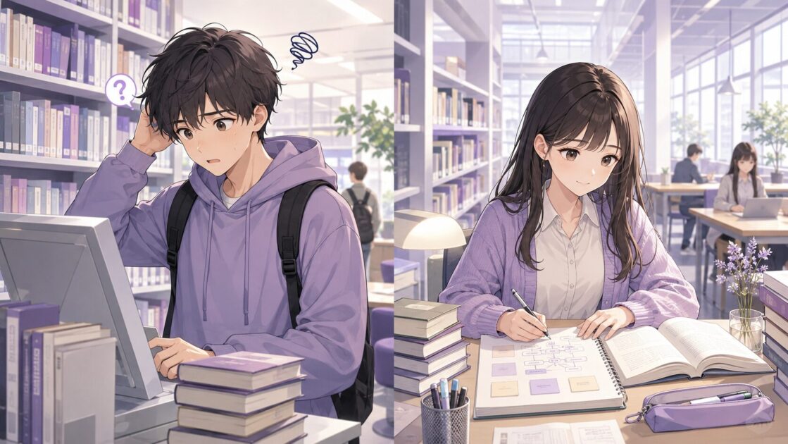 大学図書館で資料探しに迷う健太と、手順を整理して進める恵子の違いを示す場面