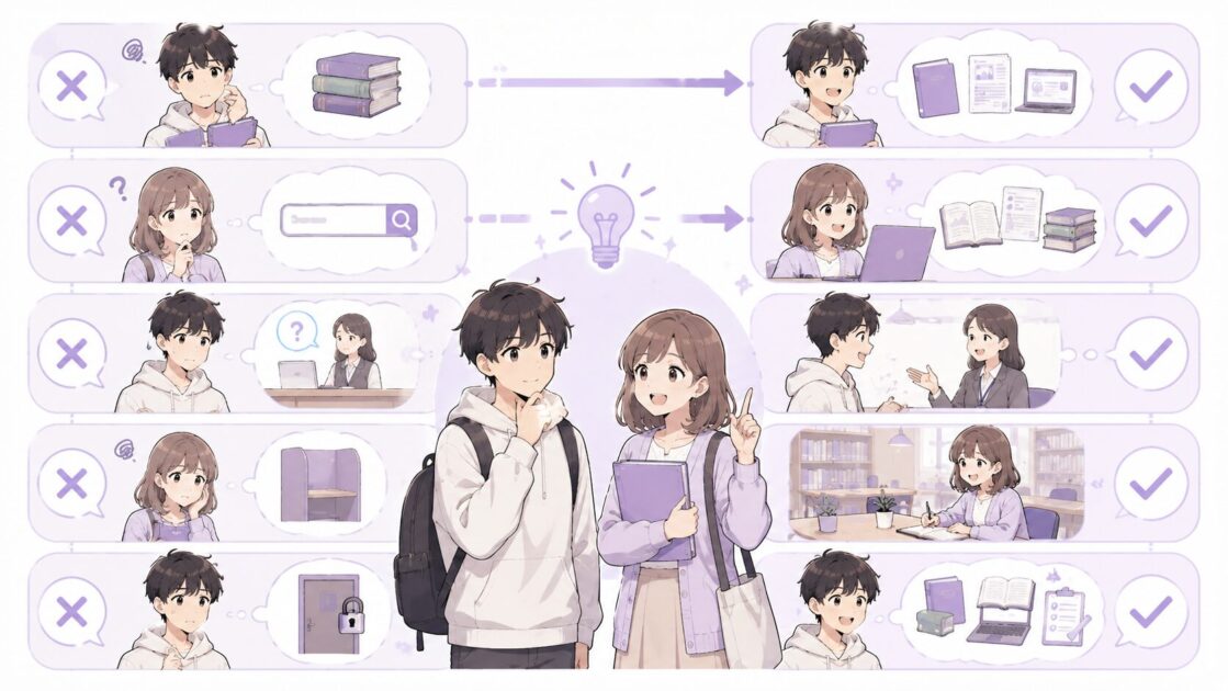 大学図書館は本を借りるだけではなく、資料探しや相談にも使えることを整理したチェック図