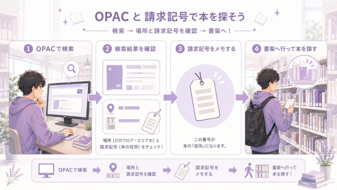 大学図書館のOPACで本を検索し、請求記号を見て本棚へ進む流れを示す図