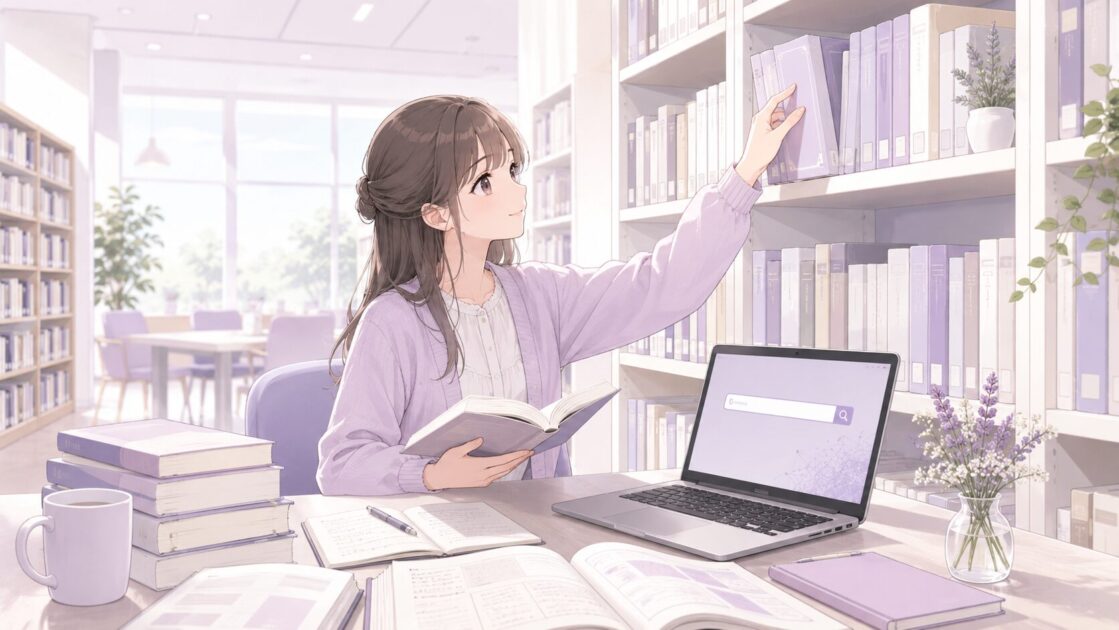 大学図書館で大学生が本や論文を探し、レポート資料の集め方を学んでいる様子