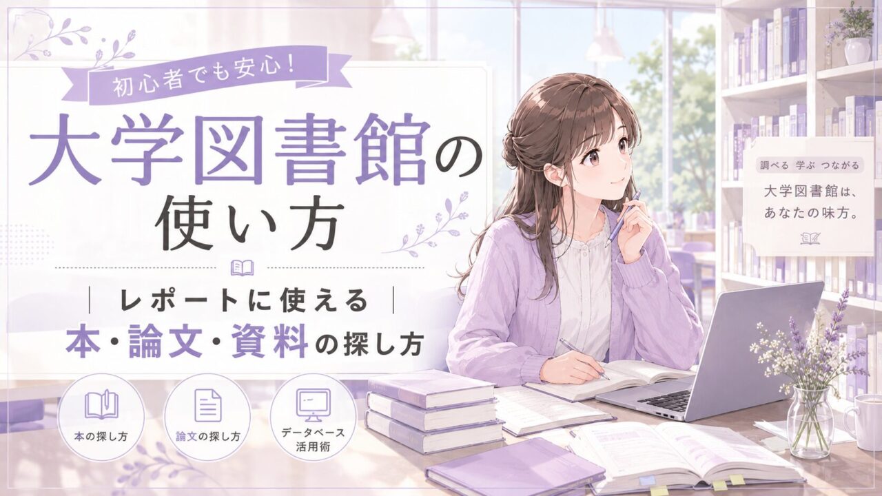 大学図書館の使い方とレポートに使える本・論文・資料の探し方を示すアイキャッチ