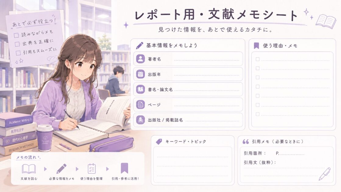 大学レポートで使う資料の著者名・出版年・タイトル・使う理由を整理するメモシート