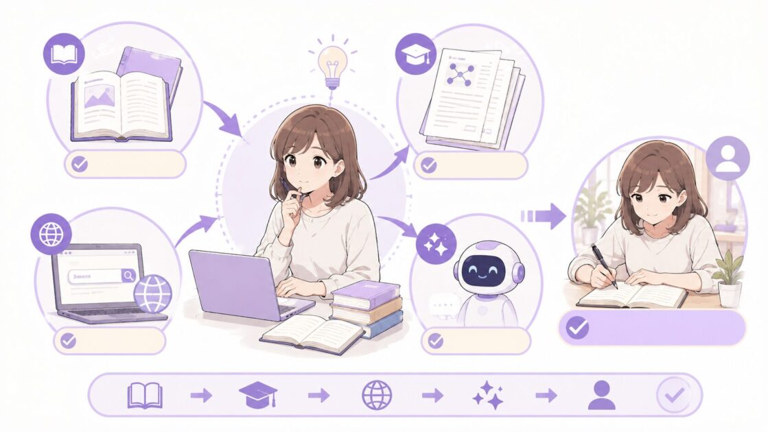 大学レポートで本・論文・Web資料・AIを使い分け、最後に自分で確認する流れを示す図