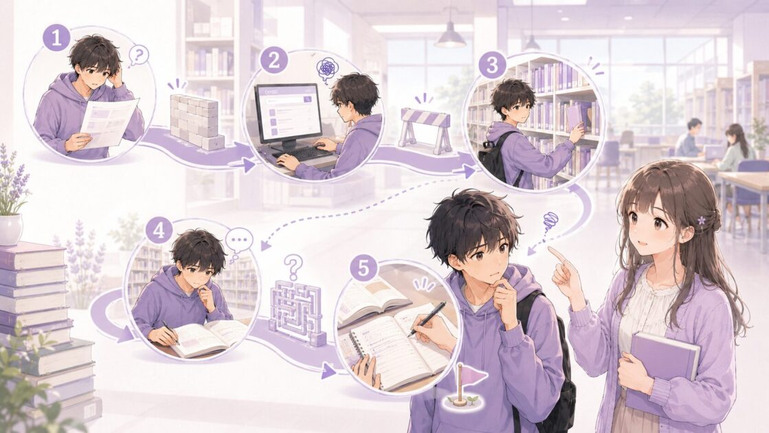 大学図書館で課題文・OPAC・請求記号・本棚・資料メモのどこで止まりやすいかを示す案内図