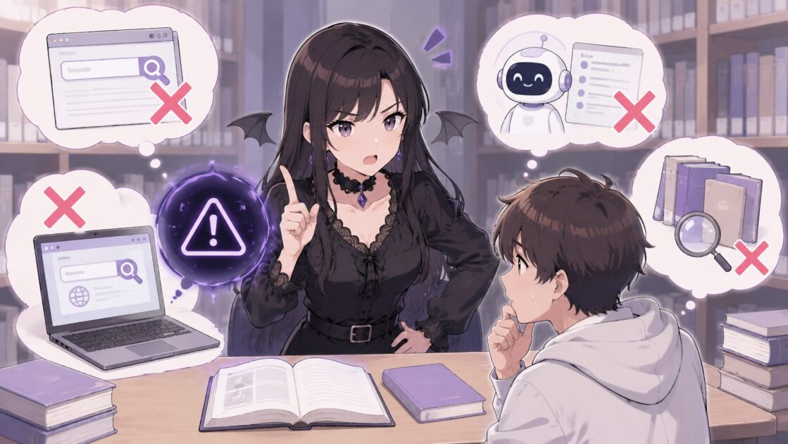 悪もこあい先生が大学レポートの資料探しで検索やAIだけに頼りすぎないよう注意している場面