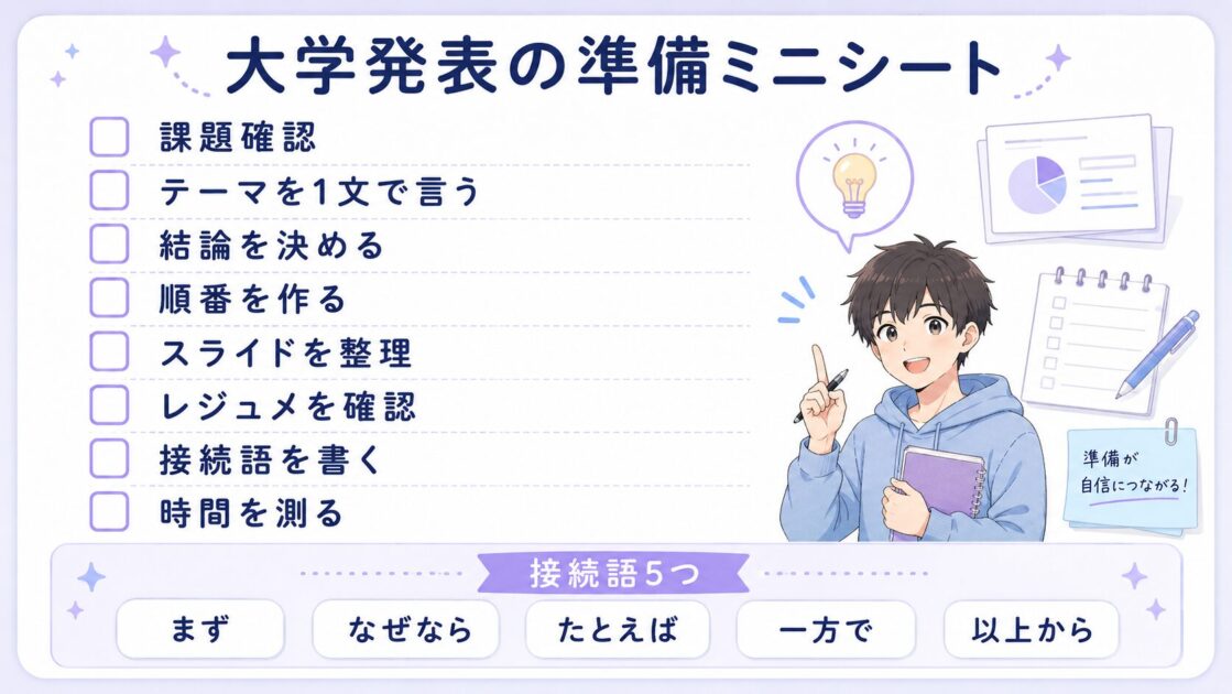 大学発表の準備で確認する項目と接続語をまとめたスクショ保存用チェックシート