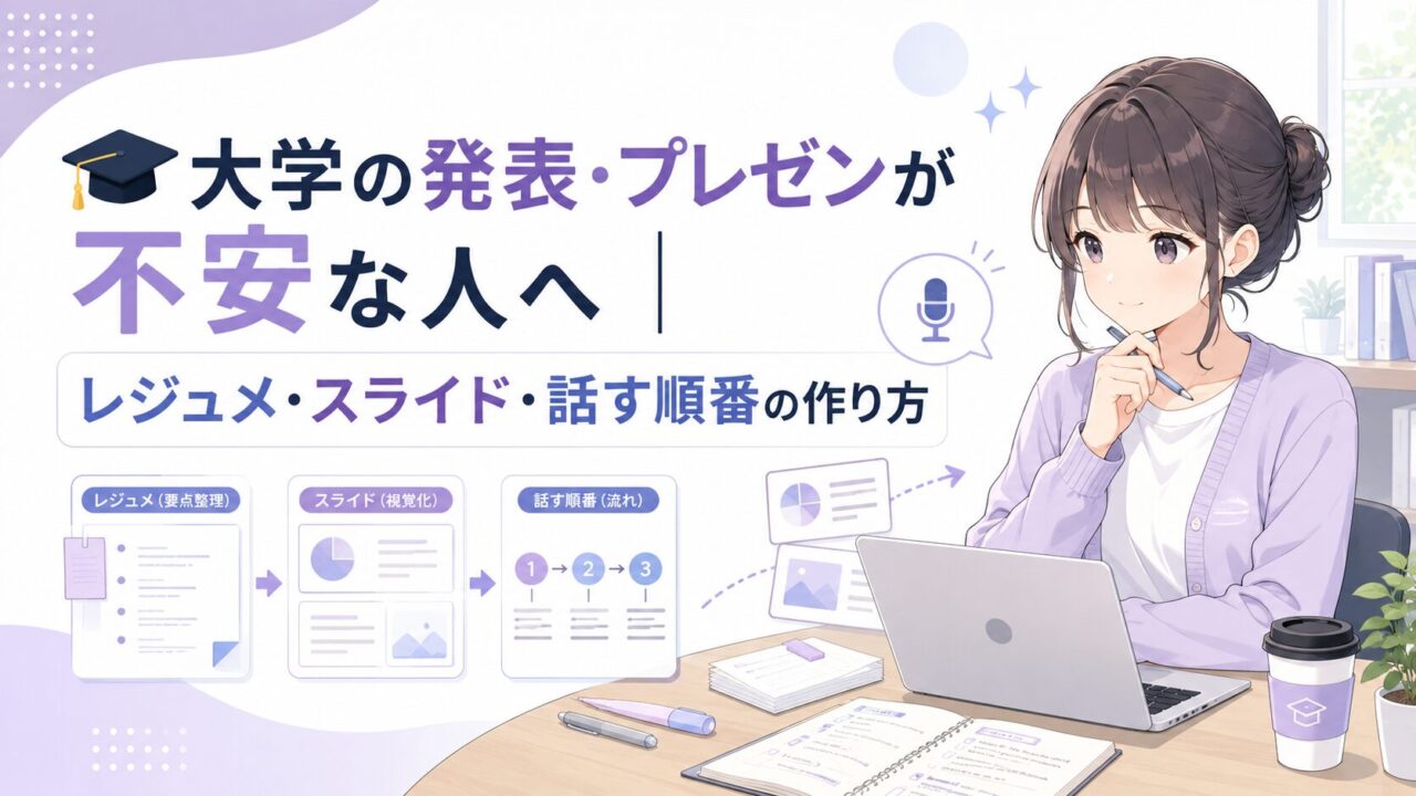大学の発表・プレゼンが不安な学生がレジュメ・スライド・話す順番を整理している様子
