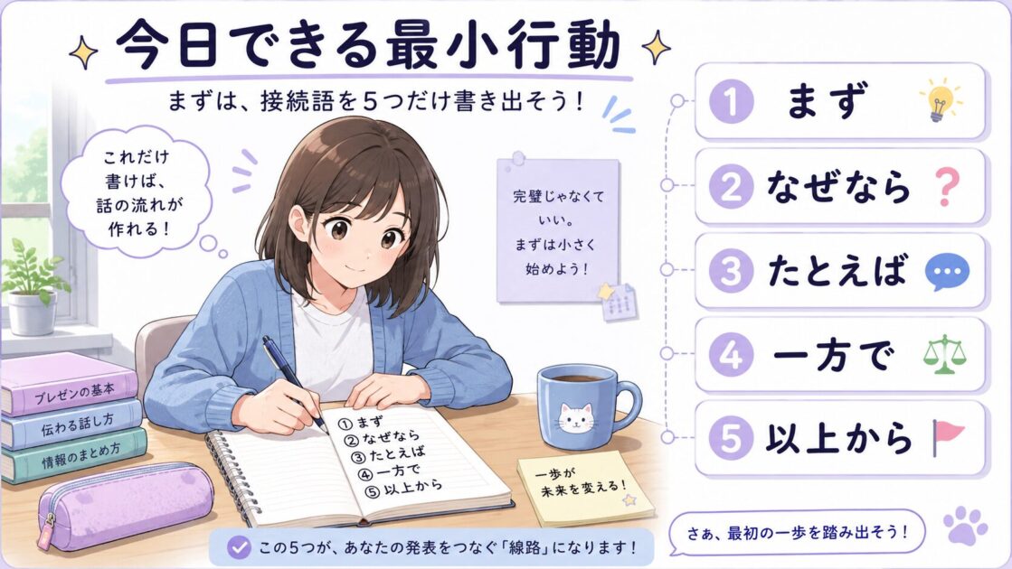 大学発表の準備を始めるために接続語5つを書き出す様子を示した図